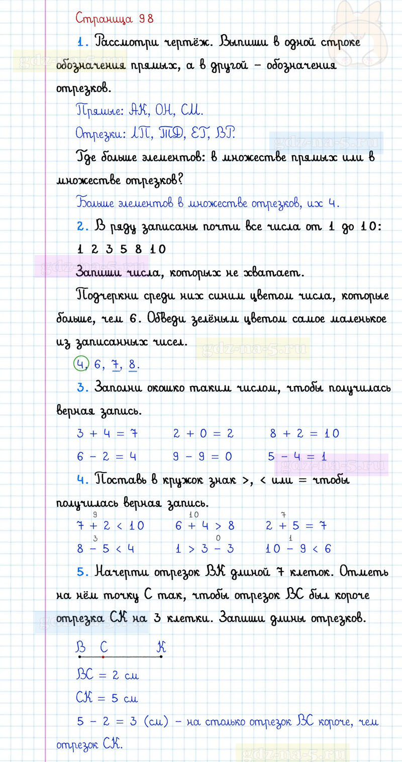 ГДЗ к 98 странице учебника по математике Г.В. Дорофеев, Т.Н. Миракова, Т.Б. Бука за 1 класс 1 часть
