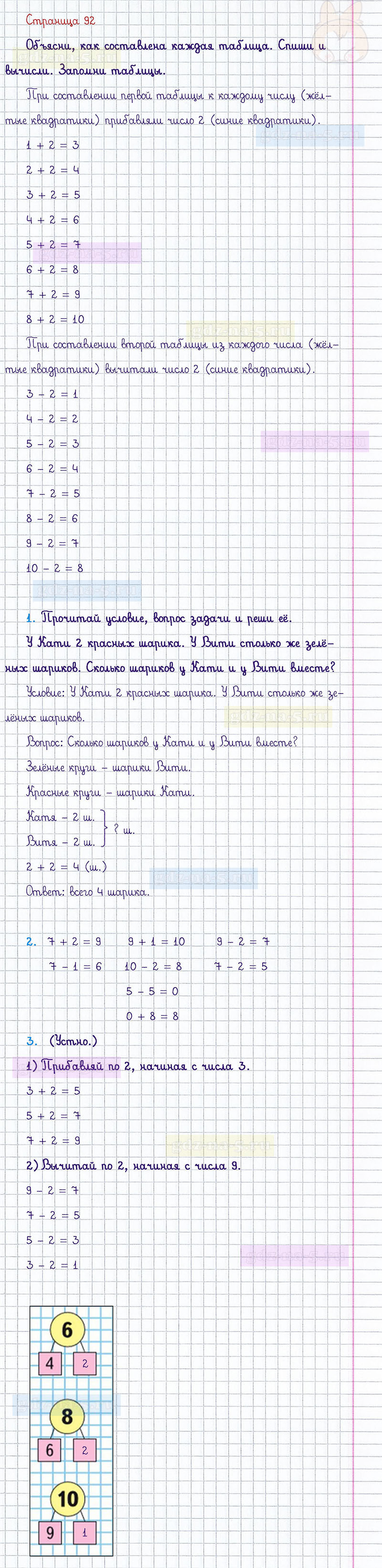 ГДЗ к 92 странице учебника по математике М.И. Моро, М.А. Бантова, Г.И. Бельтюкова за 1 класс 1 часть