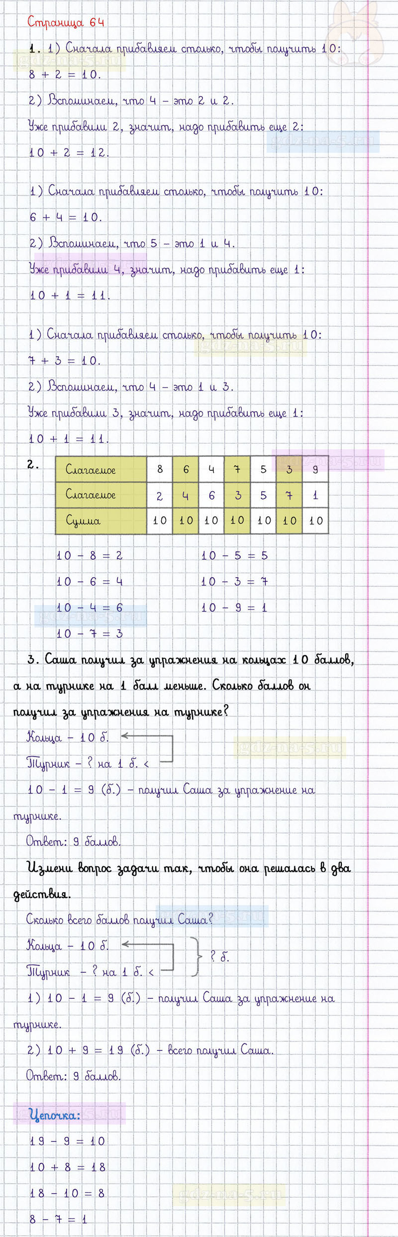 ГДЗ к 64 странице учебника по математике М.И. Моро, М.А. Бантова, Г.И. Бельтюкова за 1 класс 2 часть
