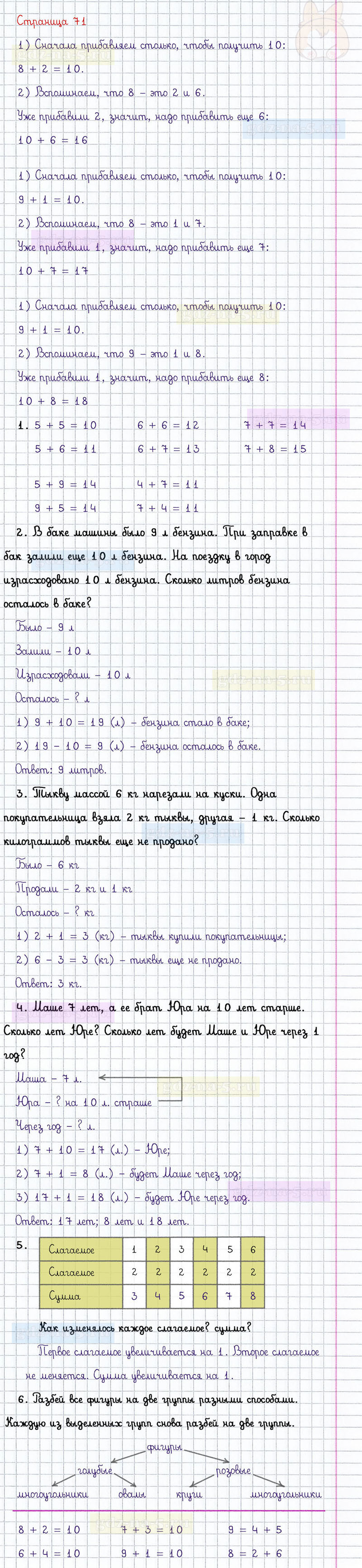 ГДЗ к 71 странице учебника по математике М.И. Моро, М.А. Бантова, Г.И. Бельтюкова за 1 класс 2 часть