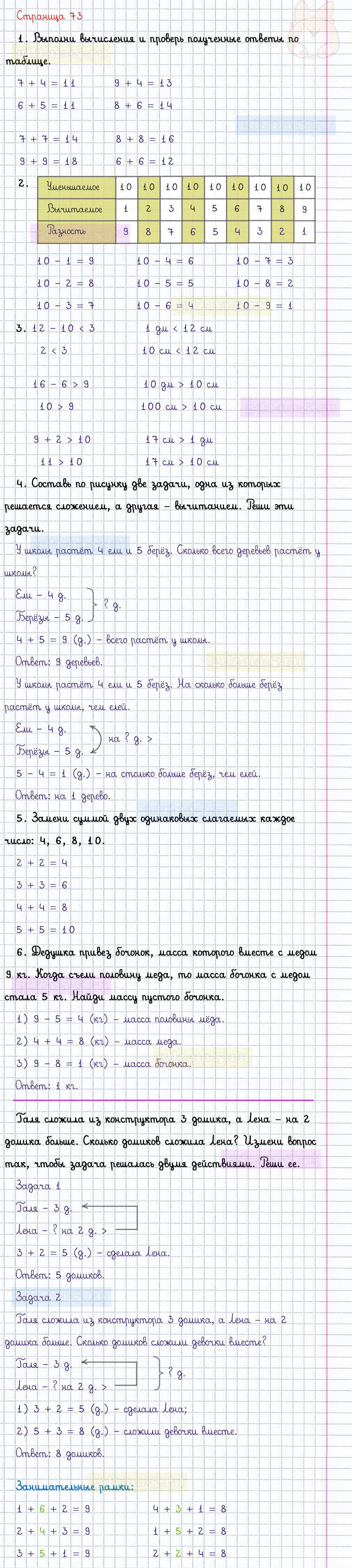 ГДЗ к 73 странице учебника по математике М.И. Моро, М.А. Бантова, Г.И. Бельтюкова за 1 класс 2 часть