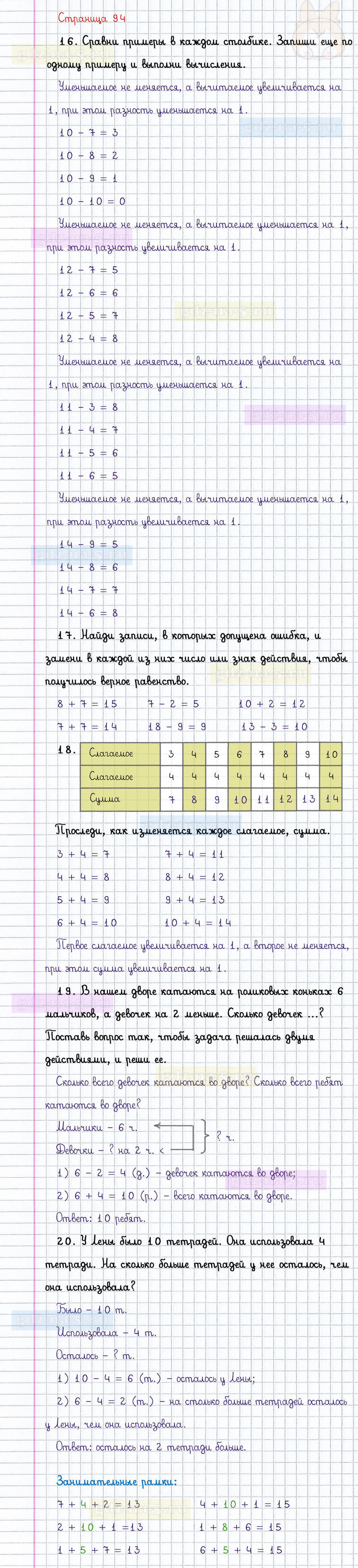 ГДЗ к 94 странице учебника по математике М.И. Моро, М.А. Бантова, Г.И. Бельтюкова за 1 класс 2 часть