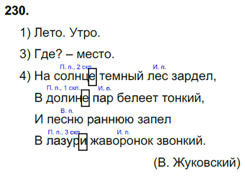 Русский язык 4 класс упражнение 230. На солнце темный лес зардел в долине пар Белеет тонкий и песню раннюю. Что такое тёмный лес зардел в долине пар Белеет тонкий. В лазури Жаворонок звонкий. На солнце темный лес зардел в долине синтаксический.